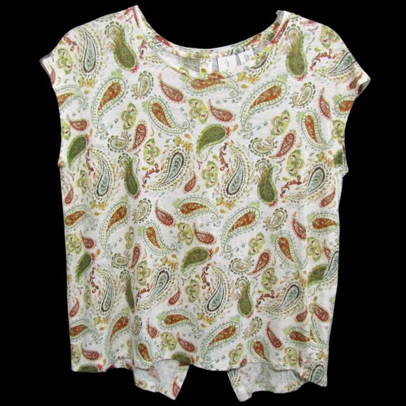 Joie 100% Linen Ivory Green Paisley Top Womens Size XL Button Back Cap Sleeves - Picture 1 of 9